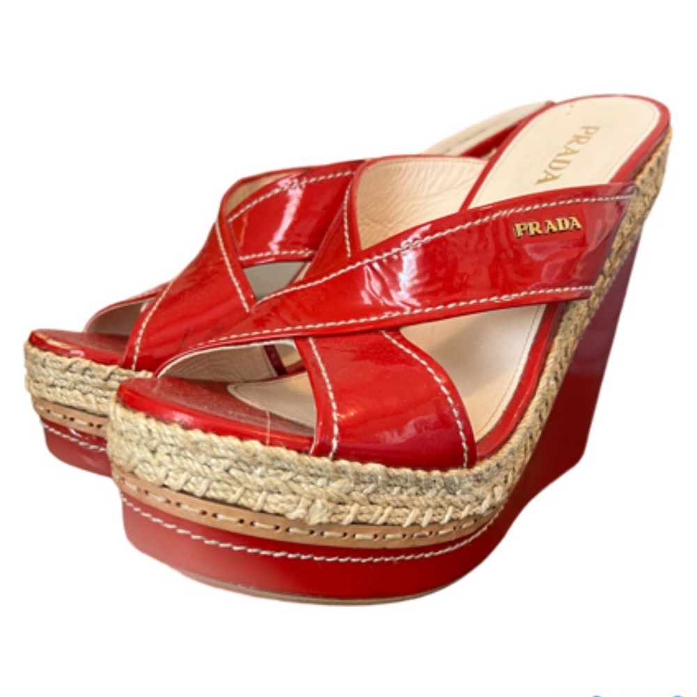 Prada Vernice Soft Rosso (Red) Platform Espadrille Wedge